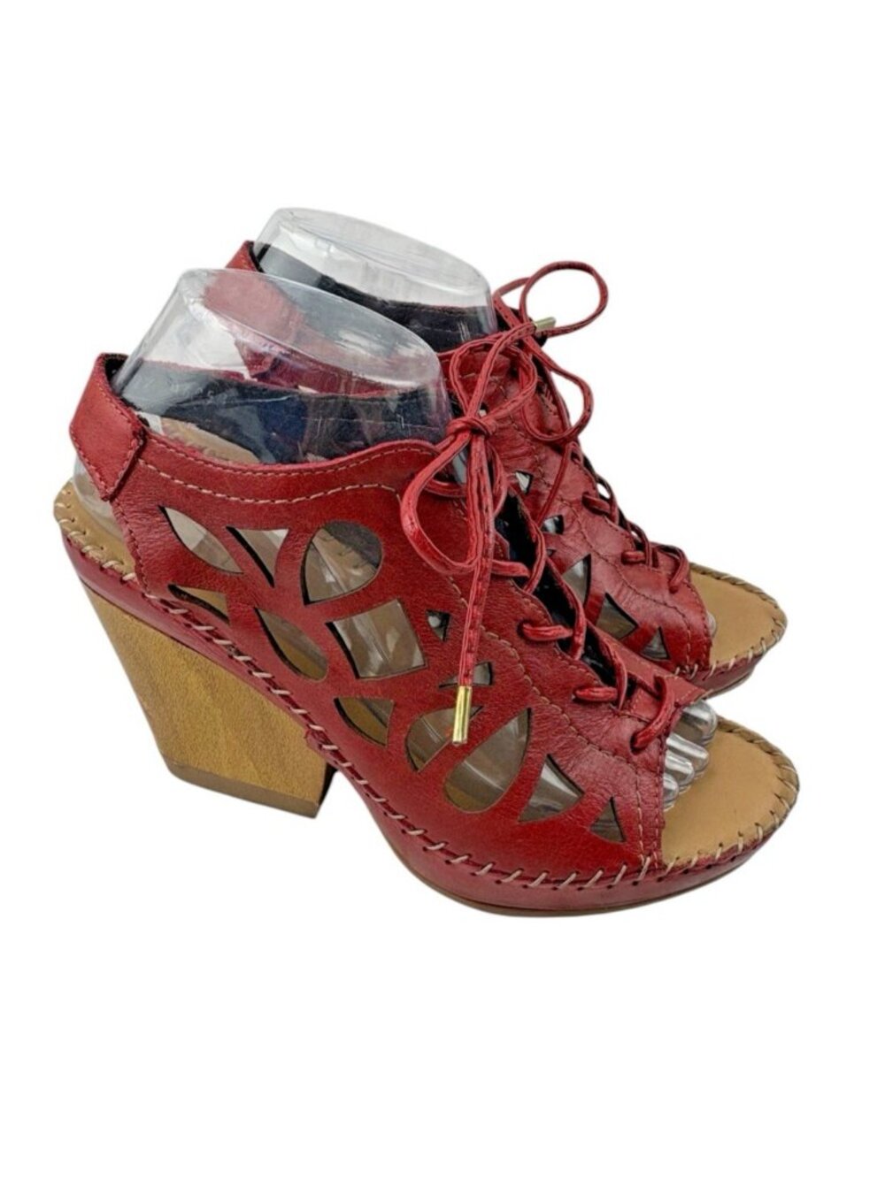*Lobo Solo Red Leather Sandals Womens Size US Size 9 Lace Up Boho Laser Cut Out